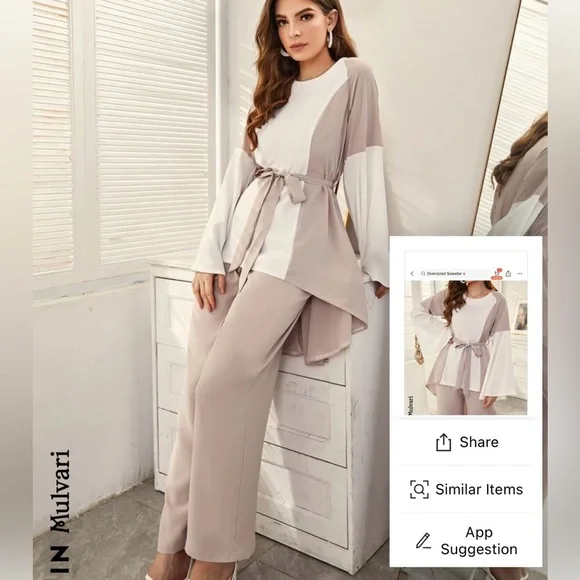 SHEIN Mulvari Colorblock Trumpet Sleeve Blouse
& Belted Pants - Picture 3 of 6